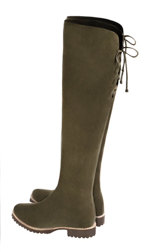Khaki green women's leather thigh-high boots. Round toe. Flat rubber soles. Made to measure. Rear view - Florence KOOIJMAN